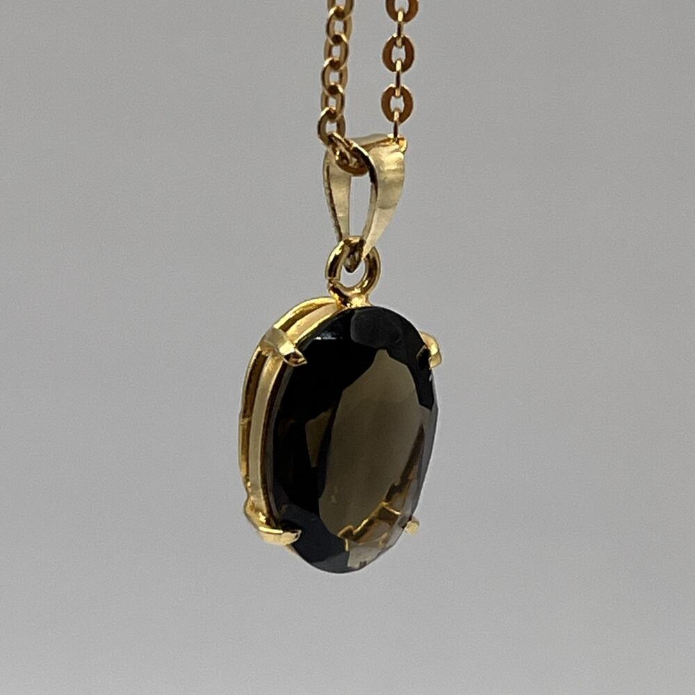 Smoky Brown Faceted Oval Pendant Necklace Gold Tone Chain Minimalist Classic 18"